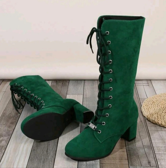 Fashionable Comfortable Green Round Toe Velvet Lace-Up Booties - Picture 4 of 7